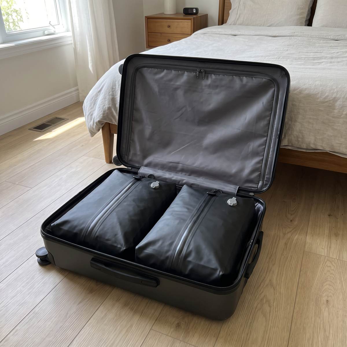 Dos bolsas Packlump dentro de una maleta abierta