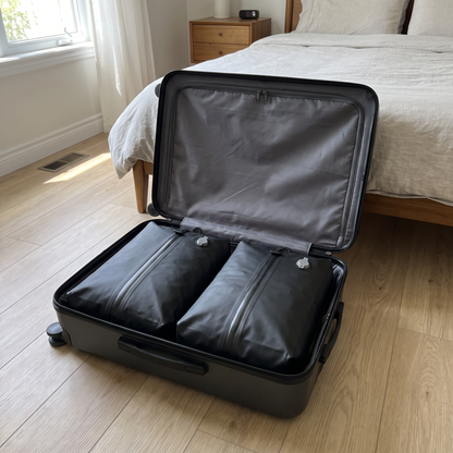 Dos bolsas Packlump dentro de una maleta abierta